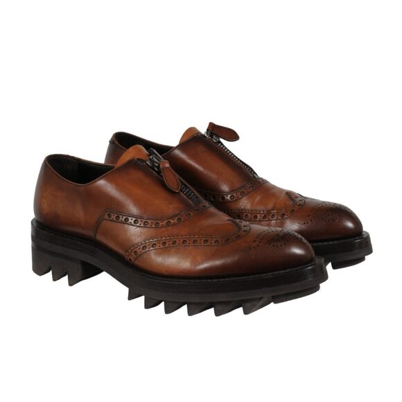 Prada Mens Oxfords US9 UK8 Brown Leather Medallion Wingtip Shark Tooth Brogues - Picture 1 of 11